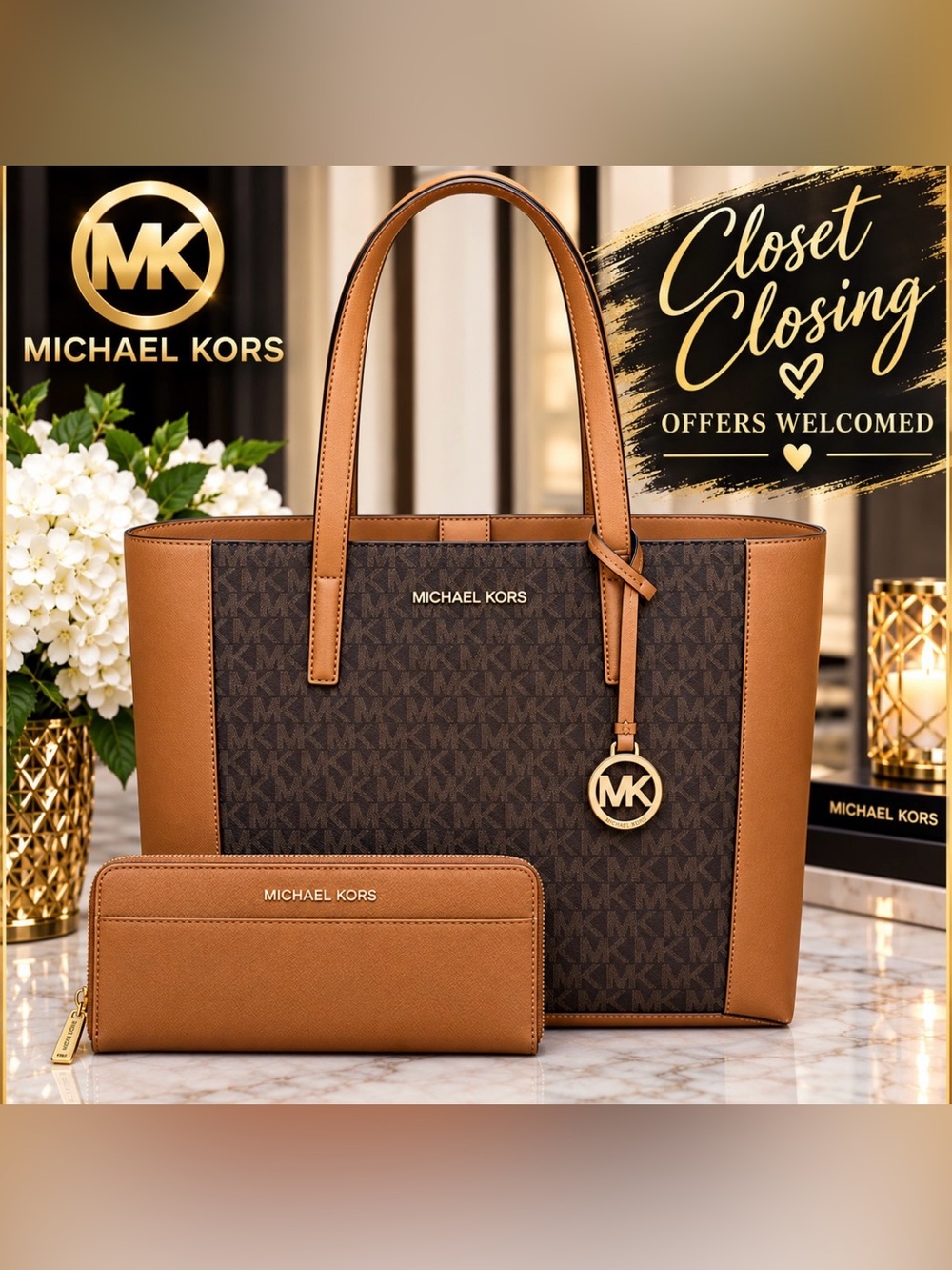 Michael Kors SALLIE LG EW Tote/MONEY PIECES Pocket ZA Continental Wallet 2pc Set